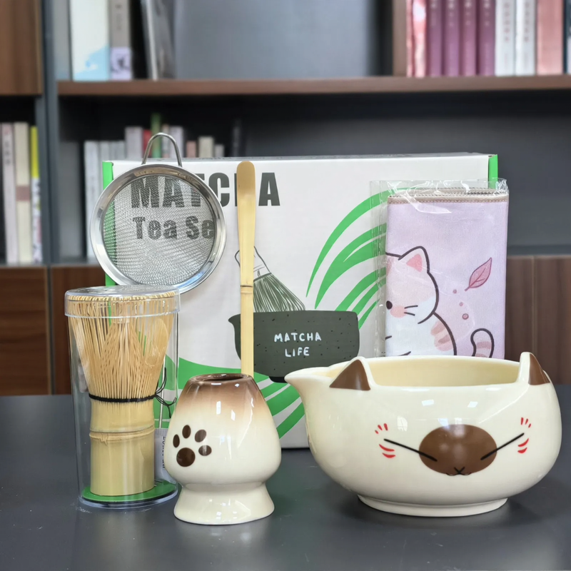 Matcha Bowl Set, Ceramic, Cat Design, Japanese
