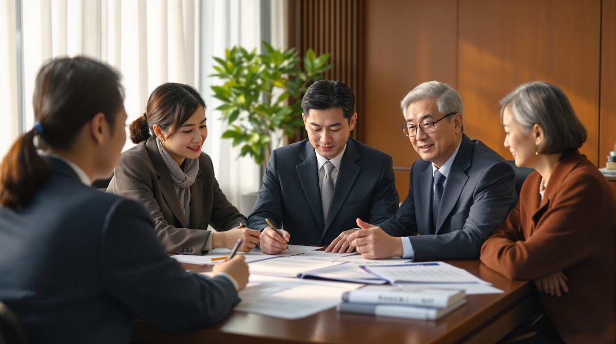 2025년 국가유공자 인정기준을 설명하는 공식 문서와 다양한 연령대의 국가유공자 및 가족이 정부기관에서 상담을 받고 있는 모습, 보훈처 상담 데스크, 최신 개정 법률 서류, 변호사 상담 상황, 실내 정부기관 환경, 신뢰감 있는 분위기
