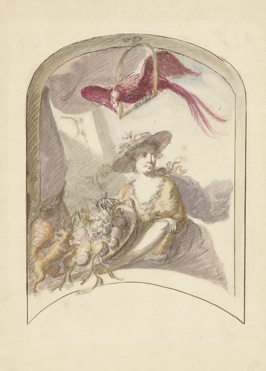 Vrouw met vruchtenmand een eekhoorn en papegaai 1677   1755