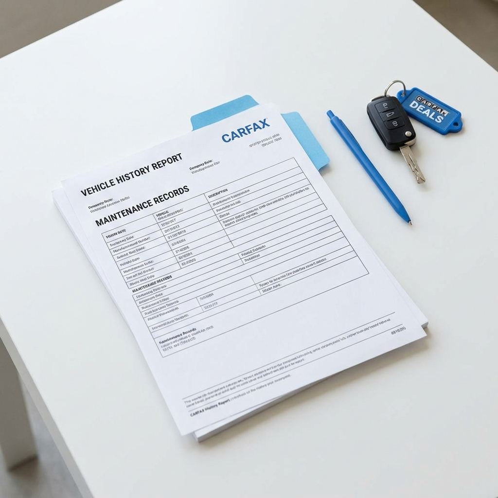 Close up of a printed vehicle history report and maintenance records on a white table next to car keys with blue CarFax Deals key tag showing trade in car documents