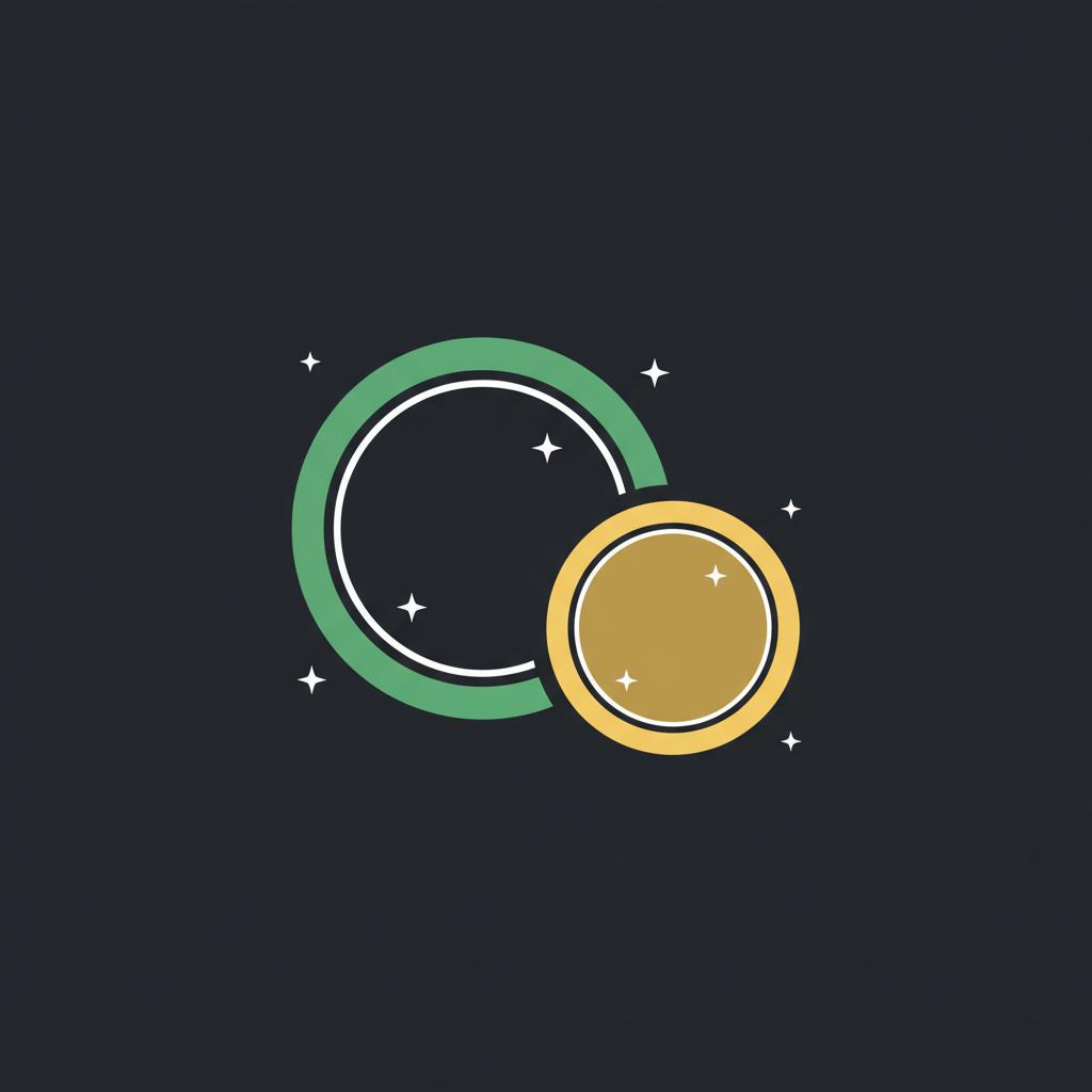 Minimal 2D vector of two stylized crypto coins on dark background showing a larger coin and a stablecoin with green and gold rim lighting