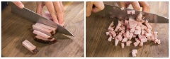 Trứng gà luộc chín, bóc vỏ và nghiền nhuyễn. Khoai tây bào vỏ, rửa sạch, cắt miếng vừa ăn, cho khoai vào hấp chín. Thịt nguội cắt hạt lựu. Cà rốt va dưa leo gọt vỏ rồi bào mỏng, sau đó cho 1/2 muỗng cà phê muối vào trộn đều để khoảng 5 phút rồi vắt ráo nước muối.