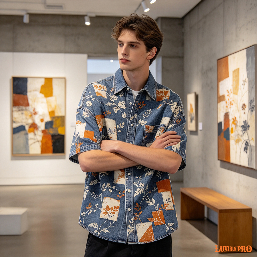 AOP Faux Denim Short Sleeve Shirt
