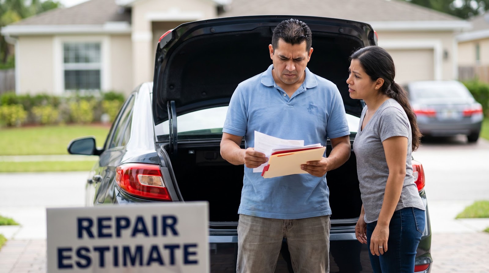 Florida rideshare insurance Uber Lyft mistake costs shown by a Hispanic couple reviewing car repair and insurance papers in a driveway