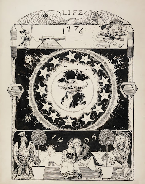 In the center of the image is George Washington smiling In the top the American