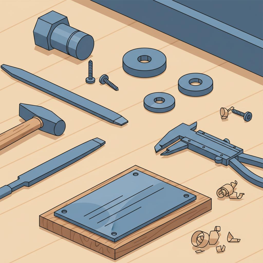 Nahaufnahme einer minimalistischen Vektor-Werkbank mit Werkzeugen und gravierter Metallplatte auf Holzuntergrund, handwerkliche Szene als diy geschenk vater