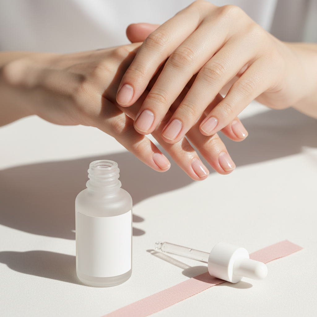 Nahaufnahme: Hände auf weißem Stoff, leicht geölte Fingerspitzen und glänzende Nagelränder als visuelle Darstellung von Nägel splittern Ursachen