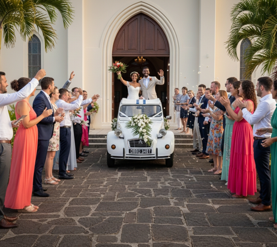 Sortie d'église en 2CV à La Réunion