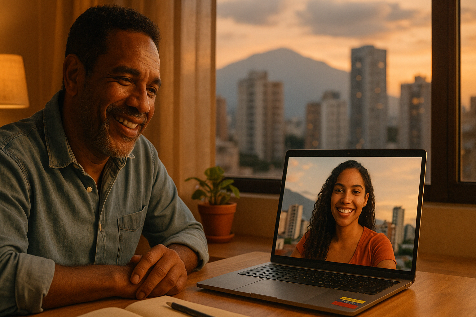 Dos venezolanos en videollamada ofreciendo mentoría, gesto de apoyo y esperanza