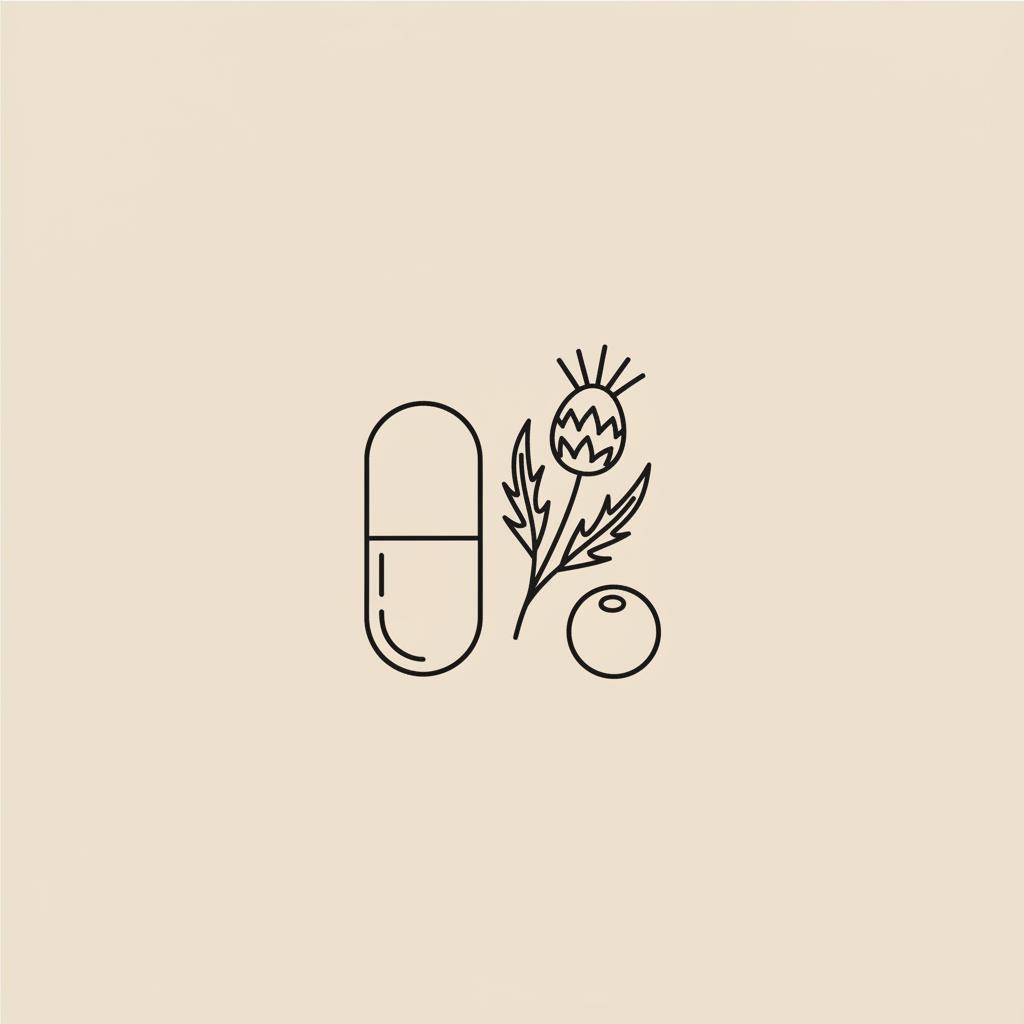 Minimalist line illustration of a capsule, milk thistle sprig and berry on beige background, representing a new weight loss pill concept.