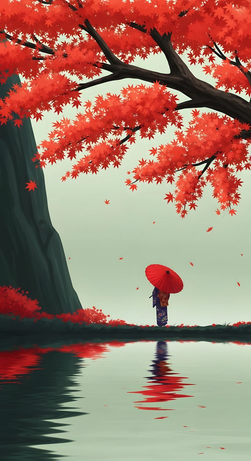 Vibrant Red Maple Leaves and Kimono Reflection Art - Free 4K mobile Wallpaper