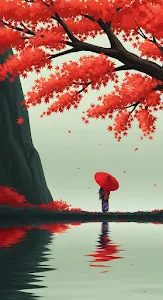 Vibrant Red Maple Leaves and Kimono Reflection Art