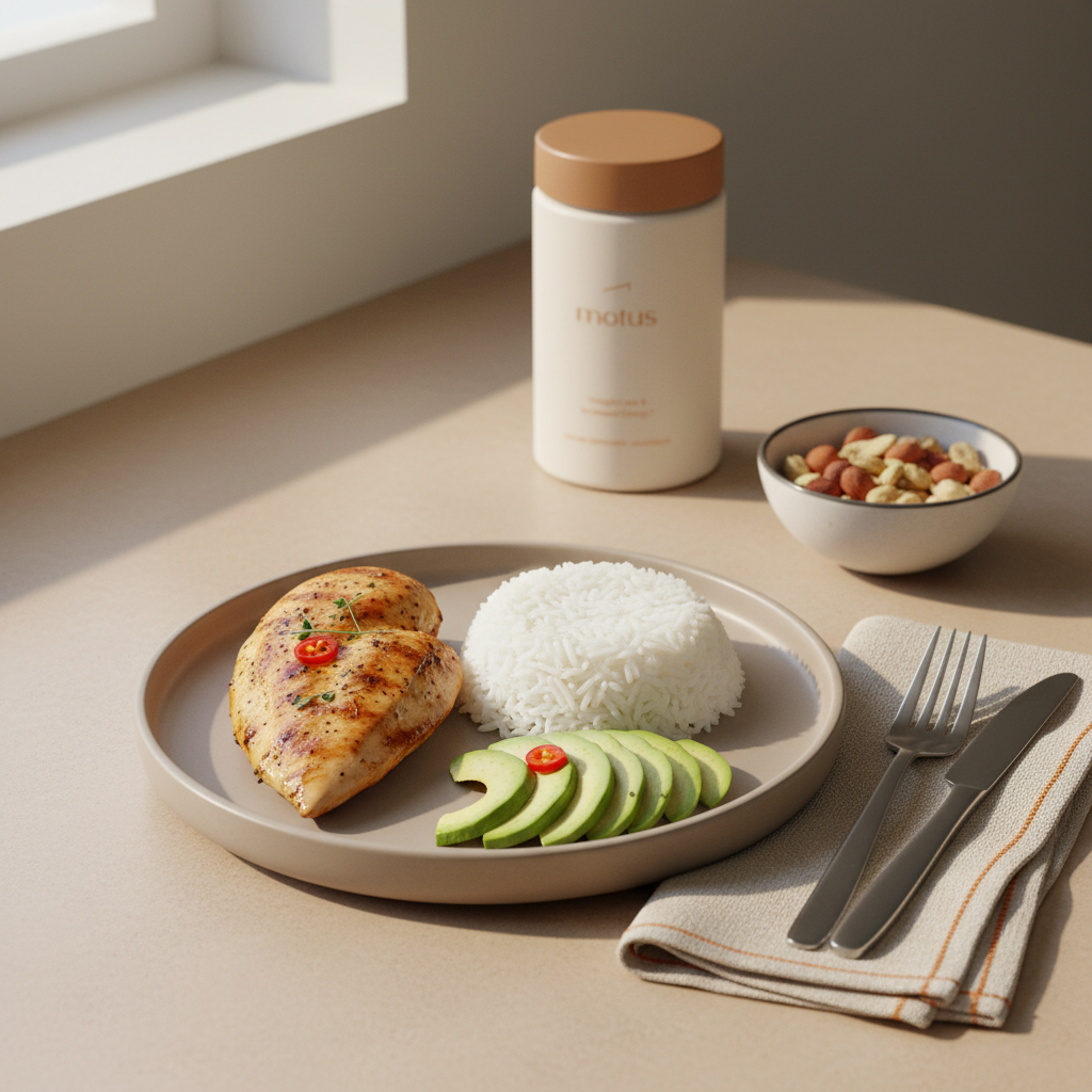 Minimalist kitchen scene with grilled chicken, rice, avocado and mixed nuts on a neutral plate, with a Tonum supplement jar on a beige countertop — high protein foods for weight gain.