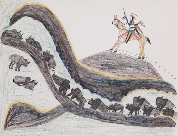 Bison hunt with Indian on horseback 1876