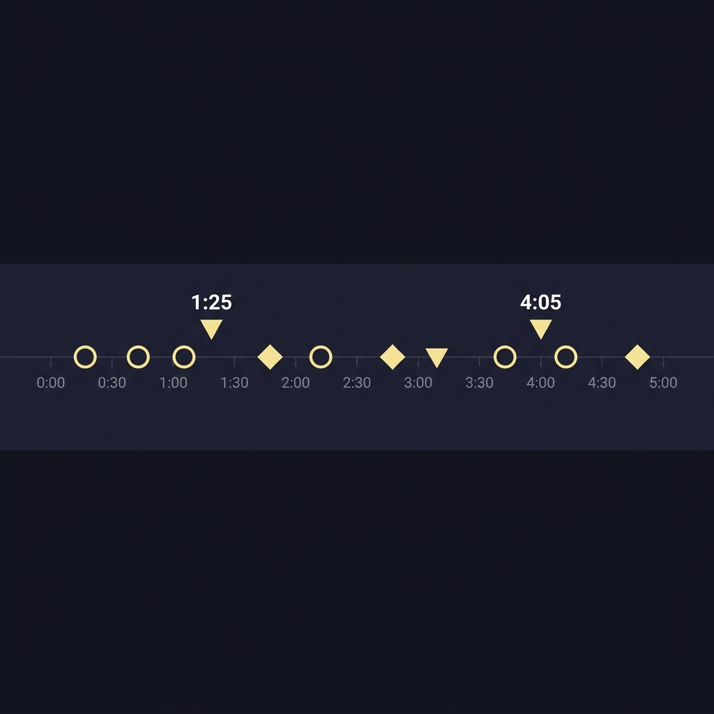 Close up minimalist timeline infographic showing timestamps with markers for strikes clinch starts and takedowns on muted Funded Plays style background Using Fight Pace in MMA Projections