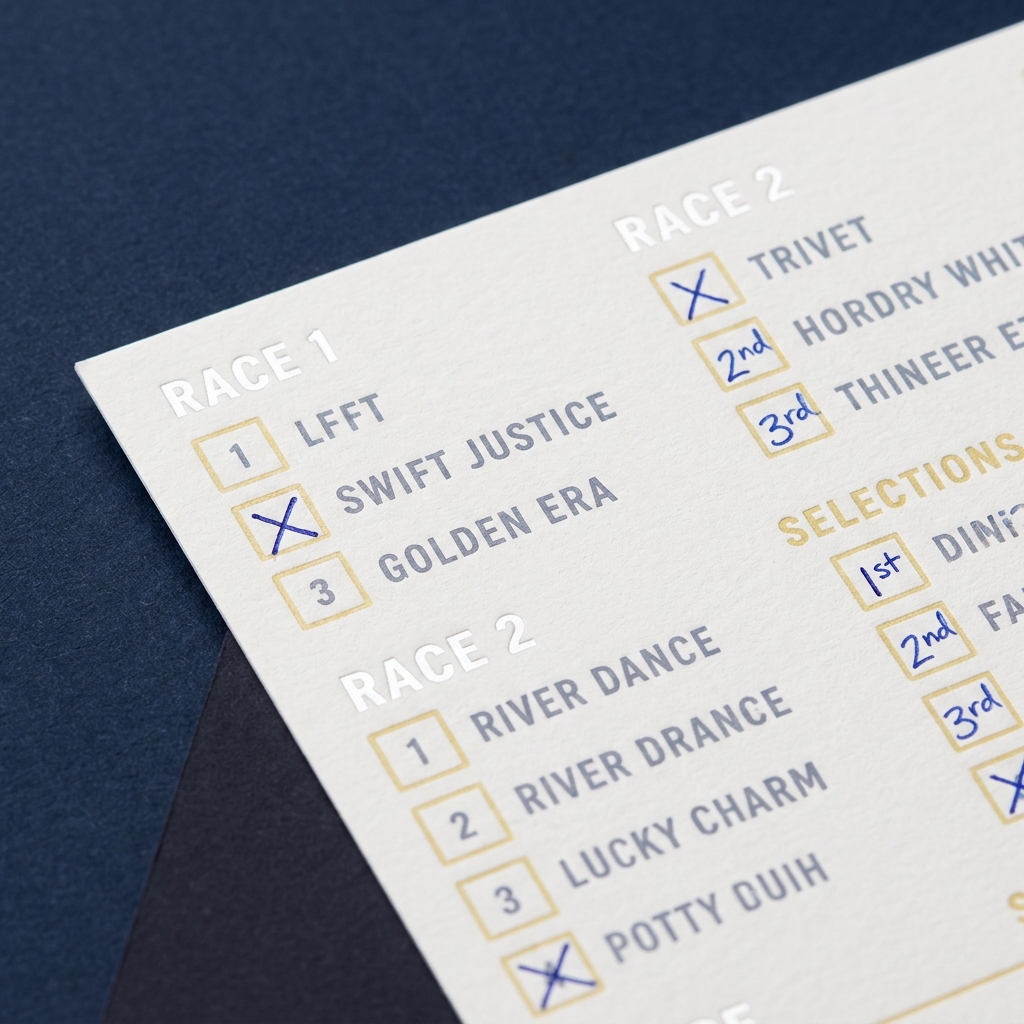 Close up of a betting slip showing horses listed with handwritten selections and marked boxes illustrating 4 horse boxed trifecta cost on a deep navy minimalist background
