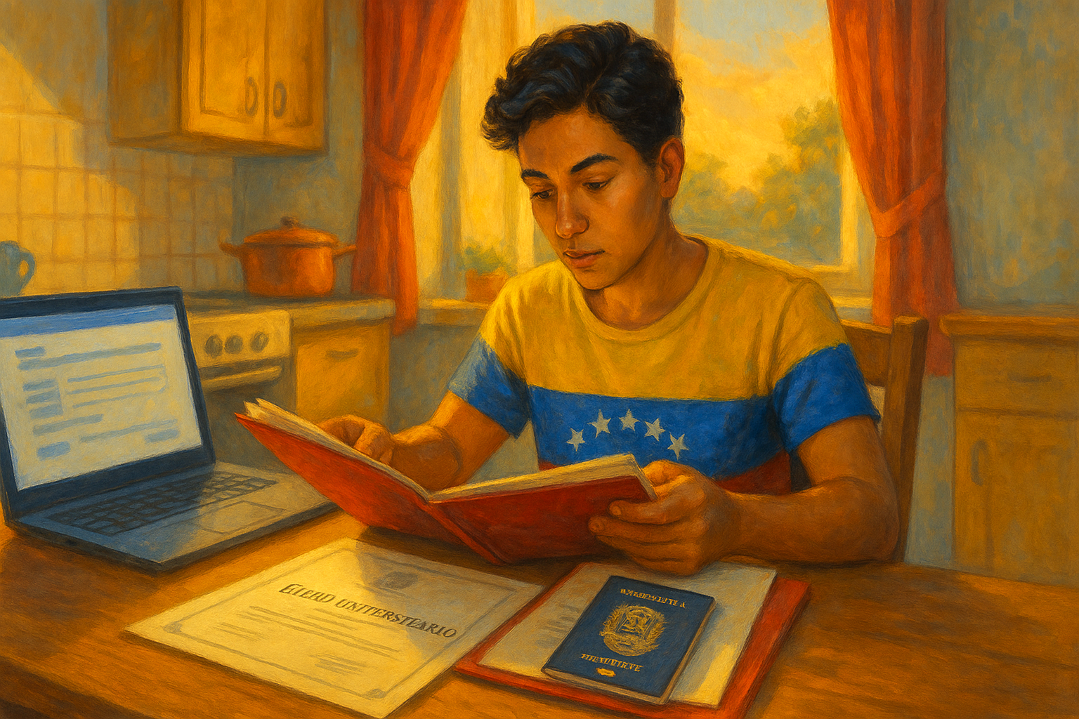 Carpeta con documentos apostillados y pasaporte, trámites migratorios para venezolanos