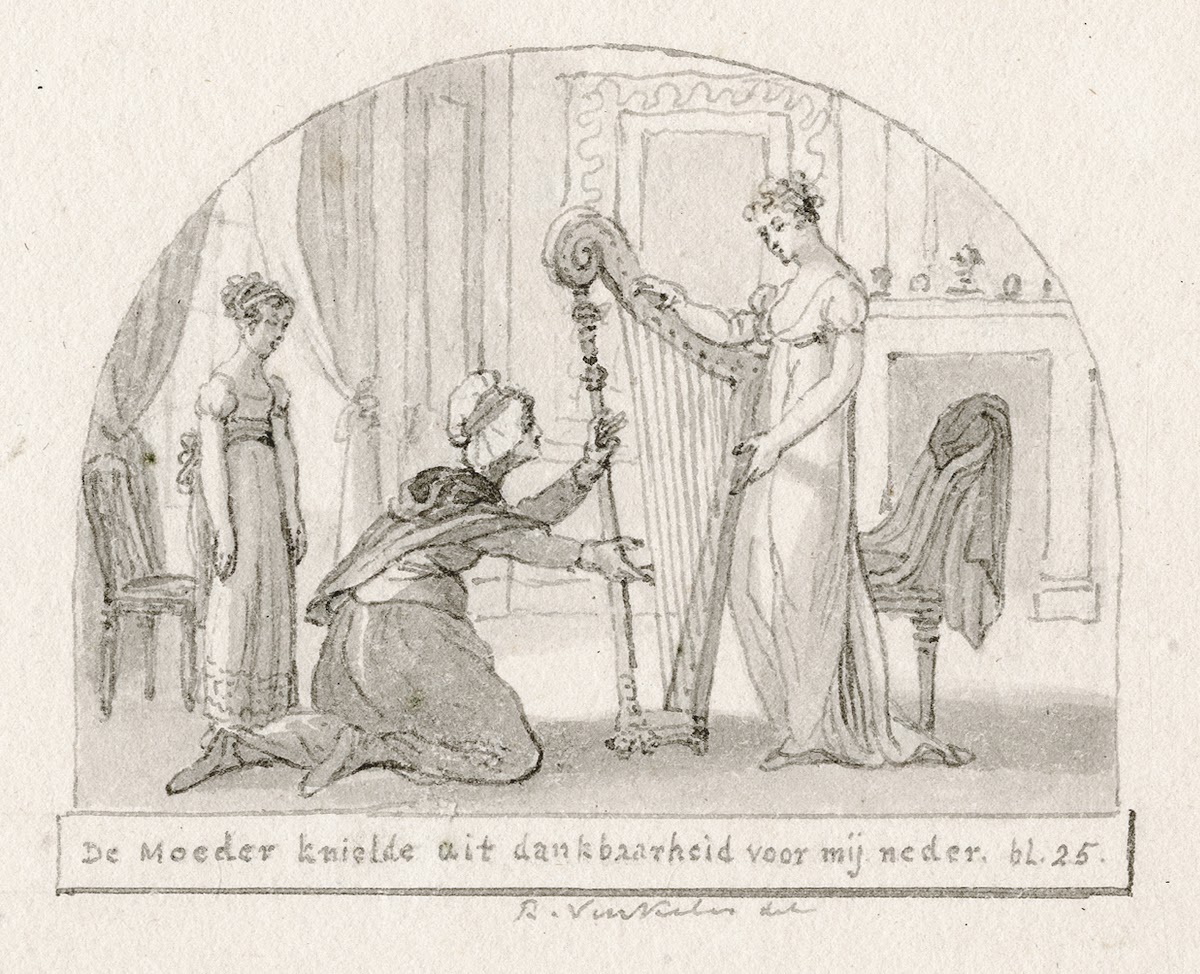 Titelblad oudere vrouw knielt bij jonge vrouw met harp