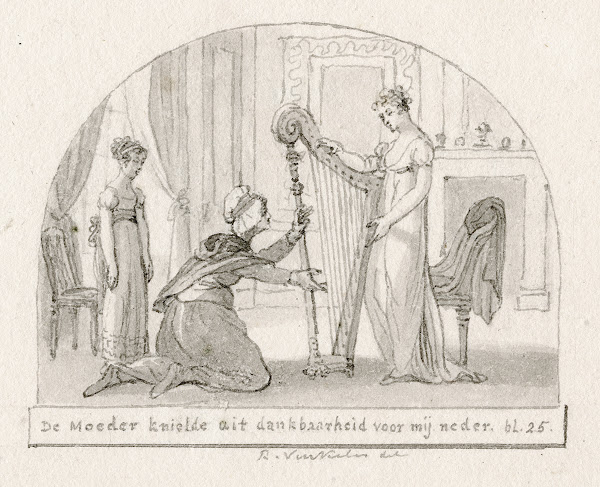 Titelblad oudere vrouw knielt bij jonge vrouw met harp