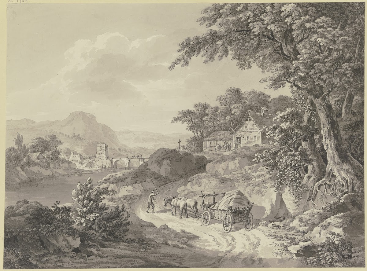 FlußLandschaft Mit Einer Alten BrüCke Mit Turm Rechts Ein Wirtshaus Unter BäUmen