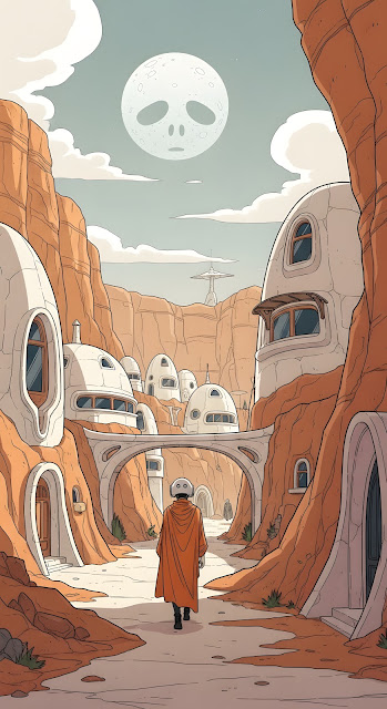 Desert Settlement Under the Face Moon - Free mobile Wallpaper