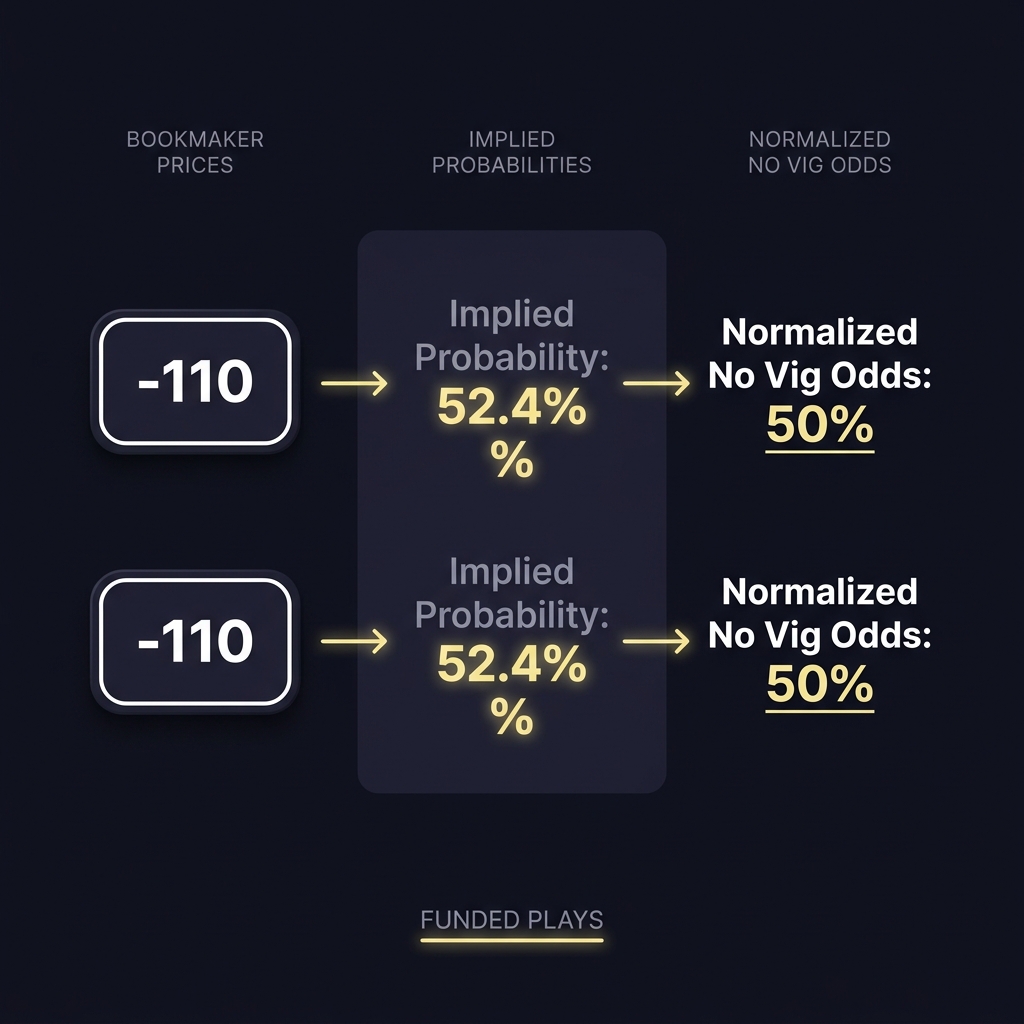Minimalist close up infographic converting minus 110 and minus 110 into implied probabilities then normalized no vig odds 50 percent 50 percent on dark Funded Plays style background