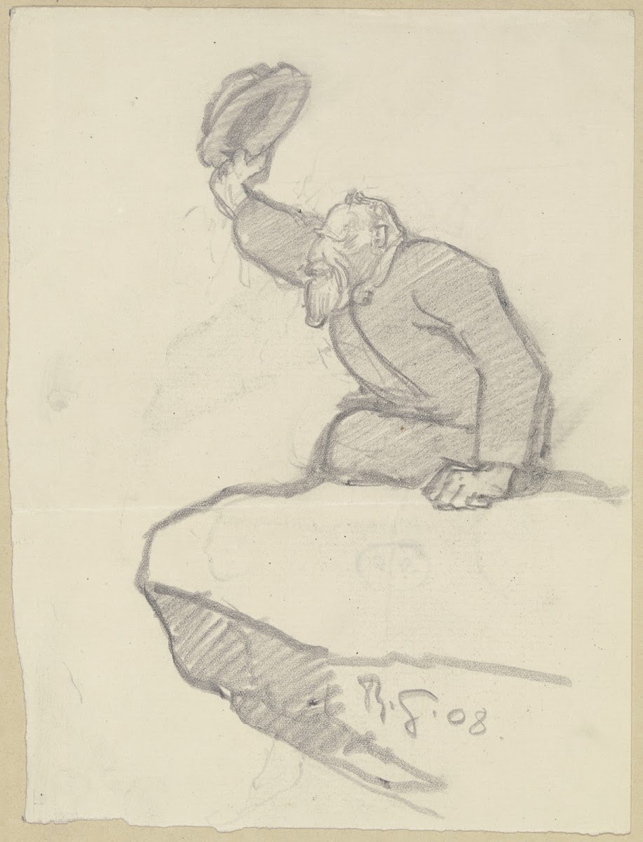 Alter Mann von einem Felsvorsprung seinen Hut zum Gruße hebend 1908