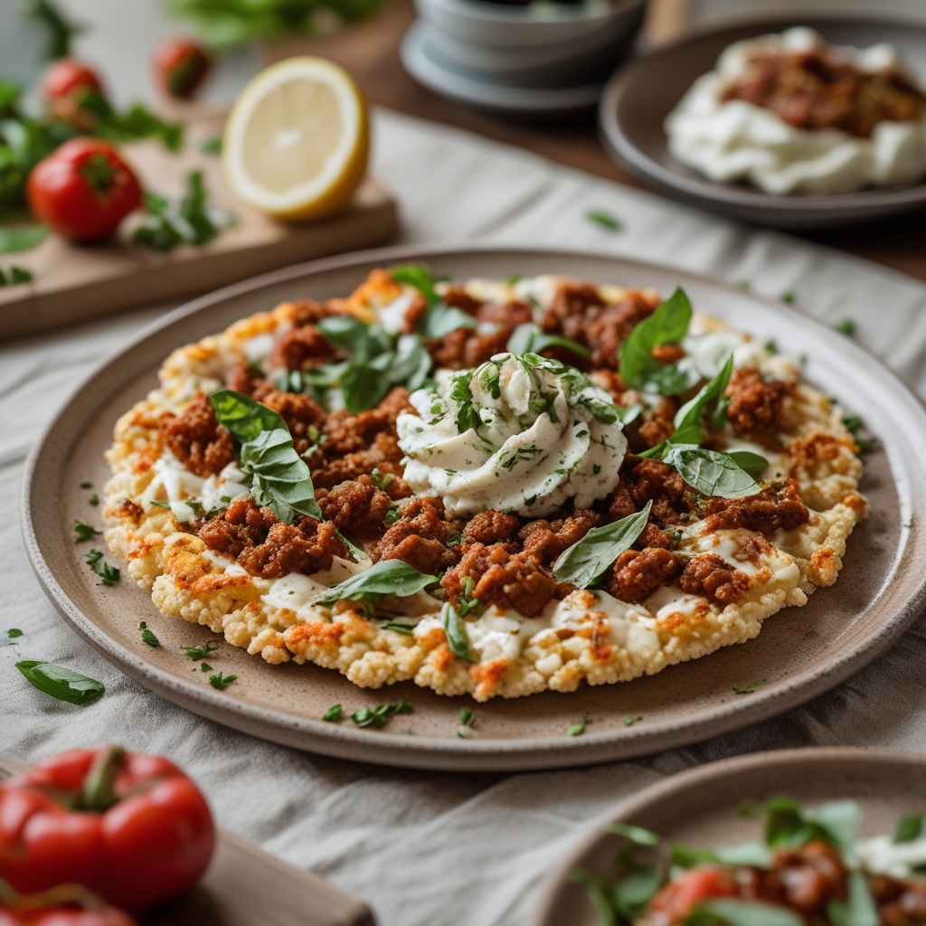 Final Crispy Cauliflower Crust Pizza with Fiery Sofrito & Whipped Lemon-Herb Ricotta Swirl