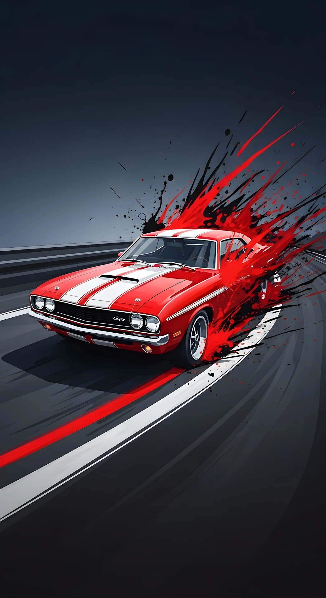 Classic Muscle Car Speeding with Red Ink Splash Art - Free 4K mobile Wallpaper