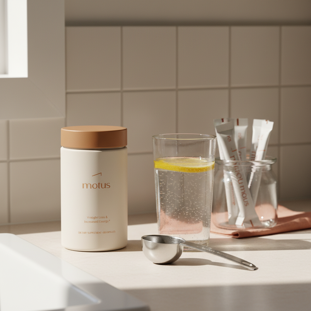 Tonum Motus supplement bottle on a minimalist kitchen countertop with a measuring scoop, stick-packet jar, and lemon water glass, suggesting daily routine and L-carnitine smell.