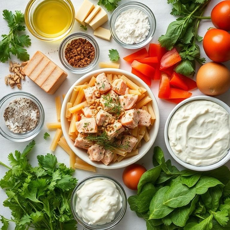 Ingredients for Easy Tuna Pasta Salad with Cottage Cheese Dressing – Quick & Homemade Lunch