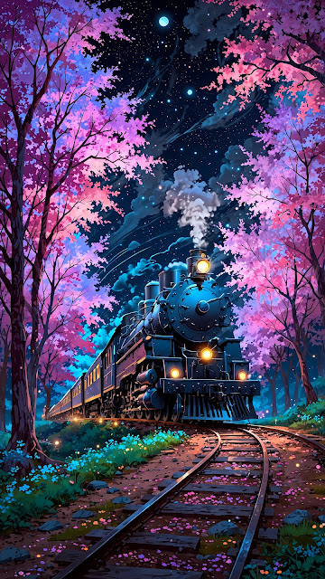 Steam Train in Magic Cherry Blossom Forest at Night - Free mobile Wallpaper