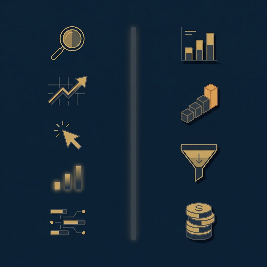 Clean 2D vector infographic showing measurement metrics split between search signals and business metrics in Orvus brand colors content marketing and seo