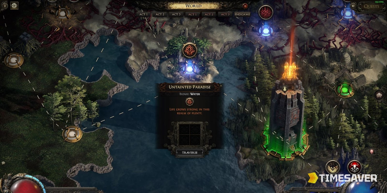 The PoE2 World map screen showing Act 1-3 and Endgame tabs with the travel route between waypoints