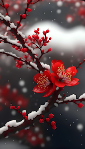 Red Blossoms on Snow-Dusted Branches in Winter