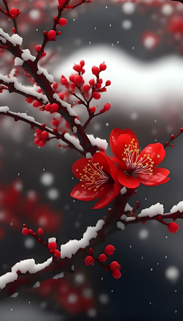 Red Blossoms on Snow-Dusted Branches in Winter - Free mobile Wallpaper