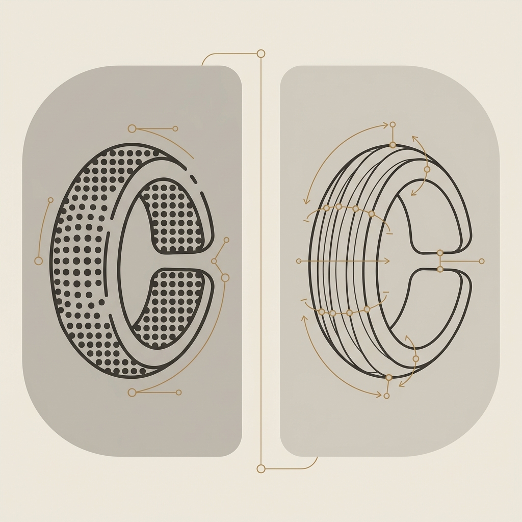 Minimalist 2D vector thumbnail showing ancient celtic ring money split comparison low resolution photogrammetric capture beside high resolution sectional profile overlay demonstrating preservation of sectional profiles