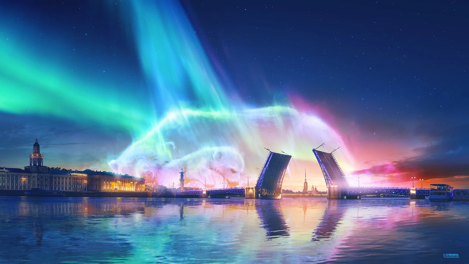 St. Petersburg Northern Lights Polar Bears - Fantasy Digital Art 4K Wallpaper (3840x2160)