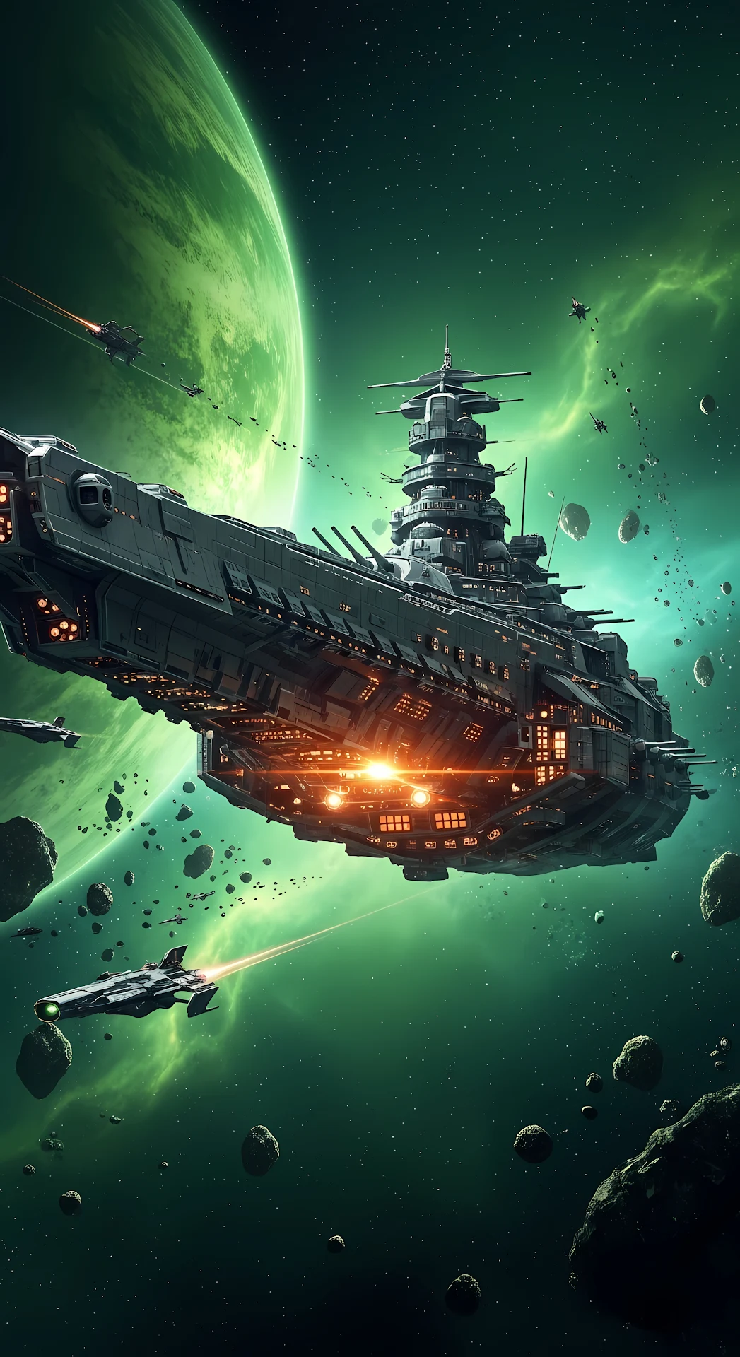 Massive Space Battleship Near a Glowing Green Planet - Free 4K mobile Wallpaper