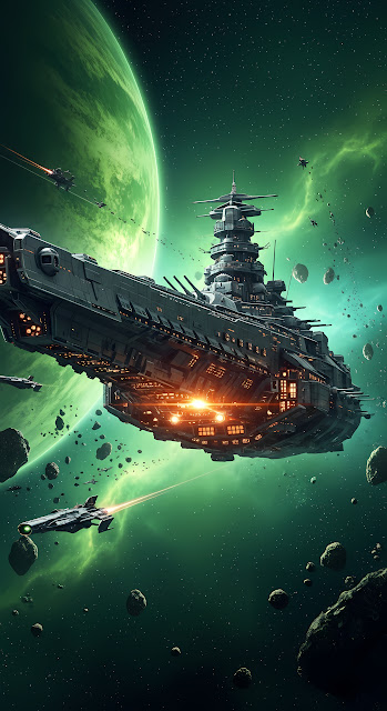 Massive Space Battleship Near a Glowing Green Planet - Free mobile Wallpaper