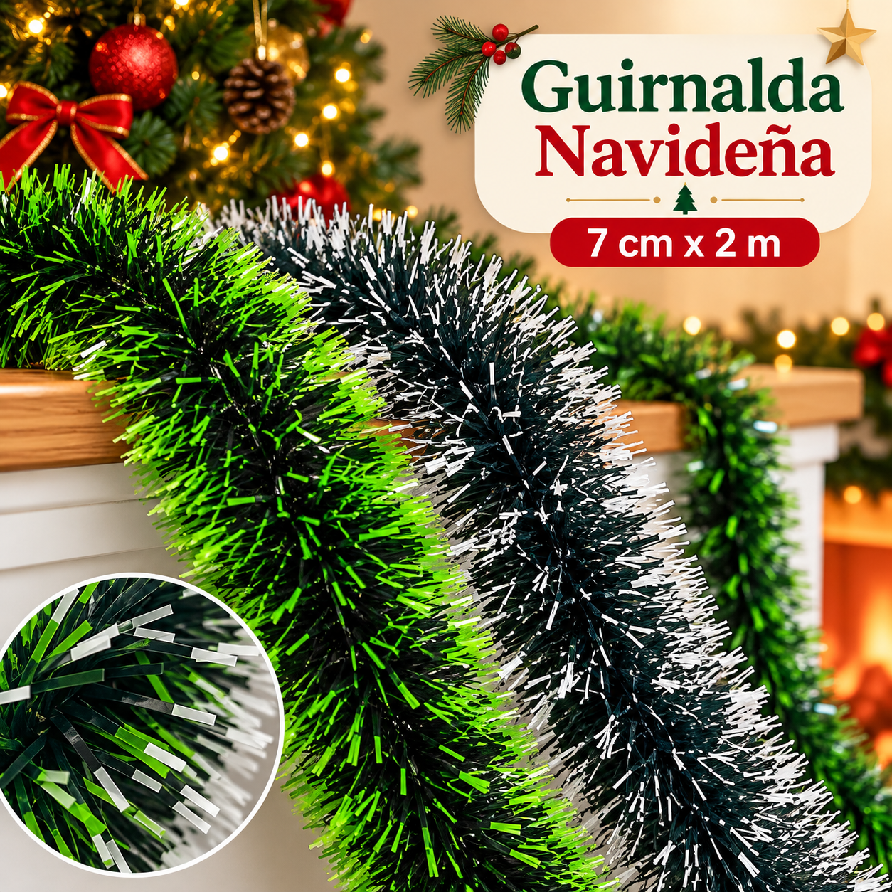 Guirnalda navideña tipo pino nevada 7 cm x 2 m
