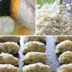 Ngò tây băm nhuyễn. Bông cải rửa sạch nhiều lần với nước muối, tách nhỏ, luộc hoặc hấp chín, sau đó xay nhuyễn và vắt kiệt nước. ướp bông cải với muối, tiêu, trứng gà, lòng trắng trứng gà, phô mai, ngò tây băm, hành tây băm, bột chiên giòn. Nặn hỗn hợp thành từng viên nhỏ (khoảng 32-34 viên).