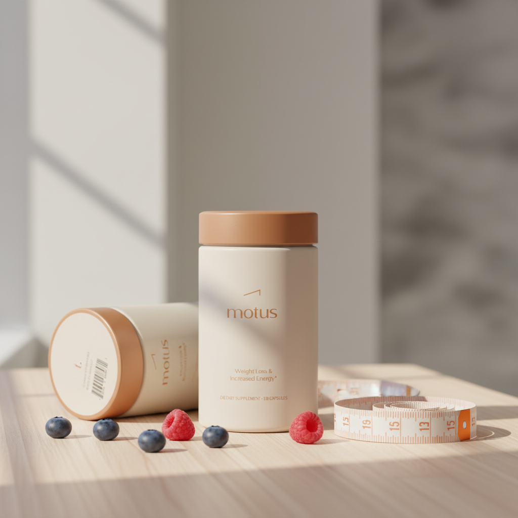 Full-frame Tonum Motus product photo on a wooden surface with berries and measuring tape, conveying evidence-based weight-loss support, CLA testosterone