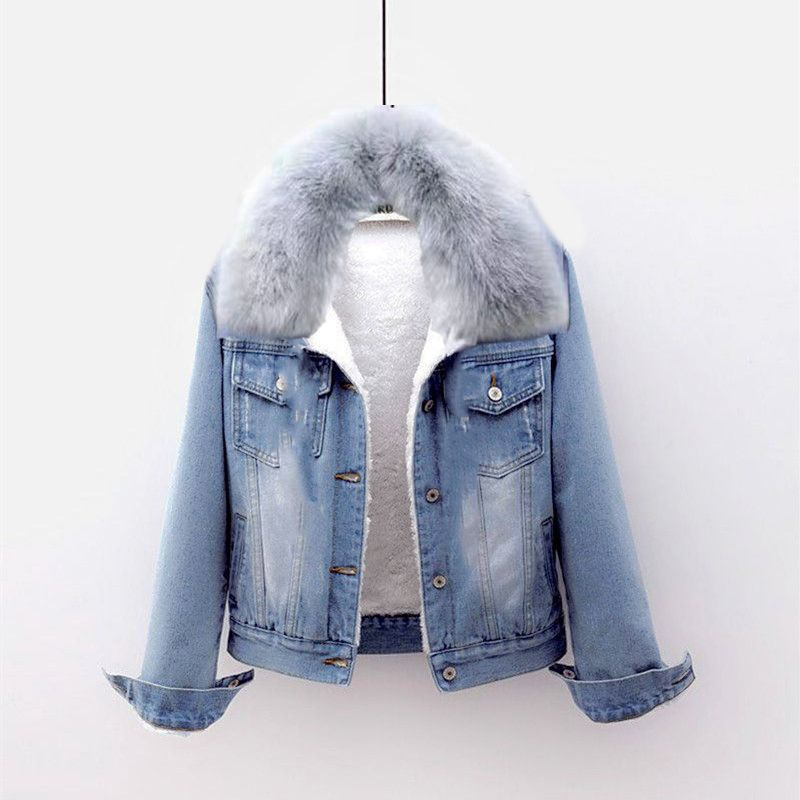 Gefütterte Jeansjacke mit großem Fellkragen