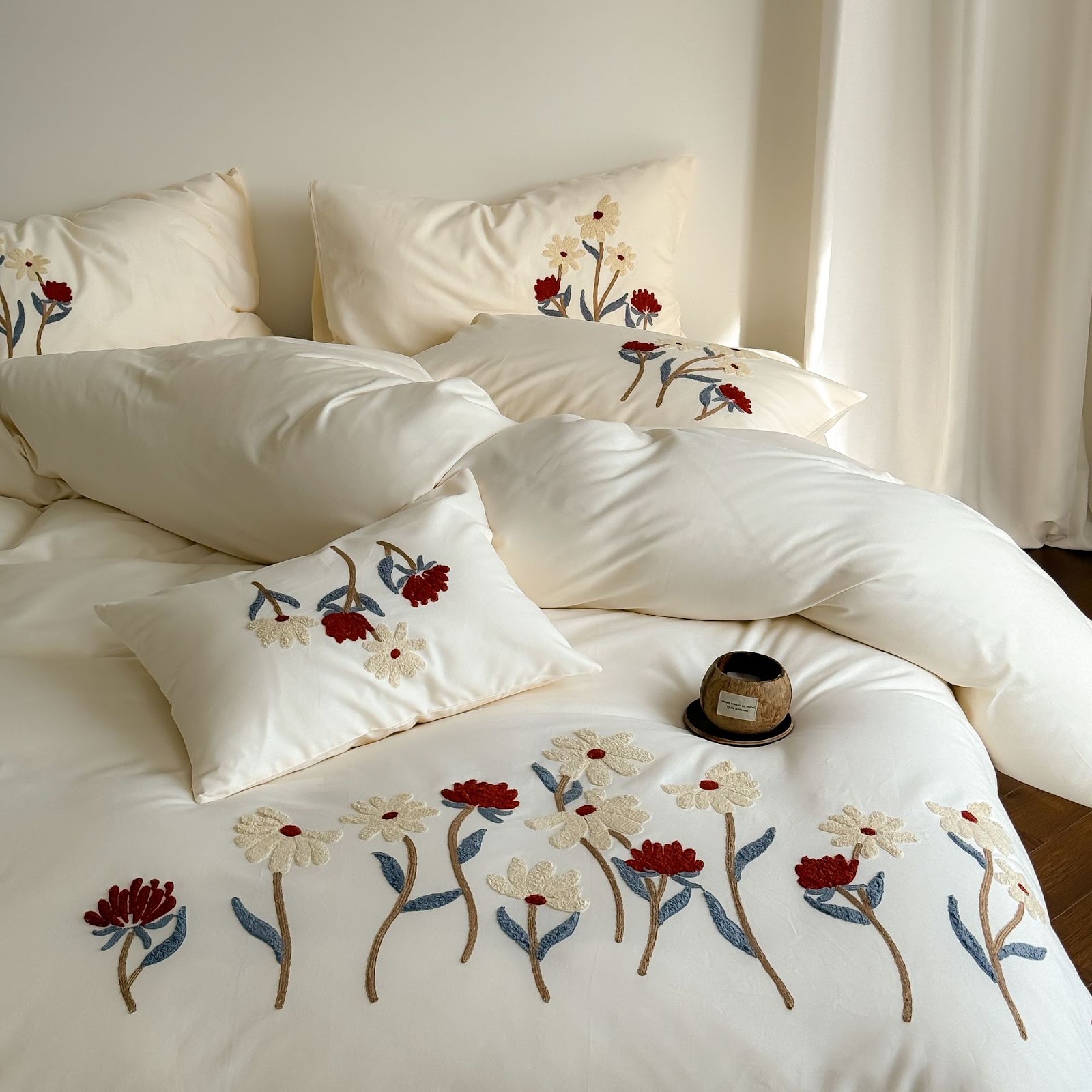 Cotton bedding set, embroidered, brushed, 4-piece