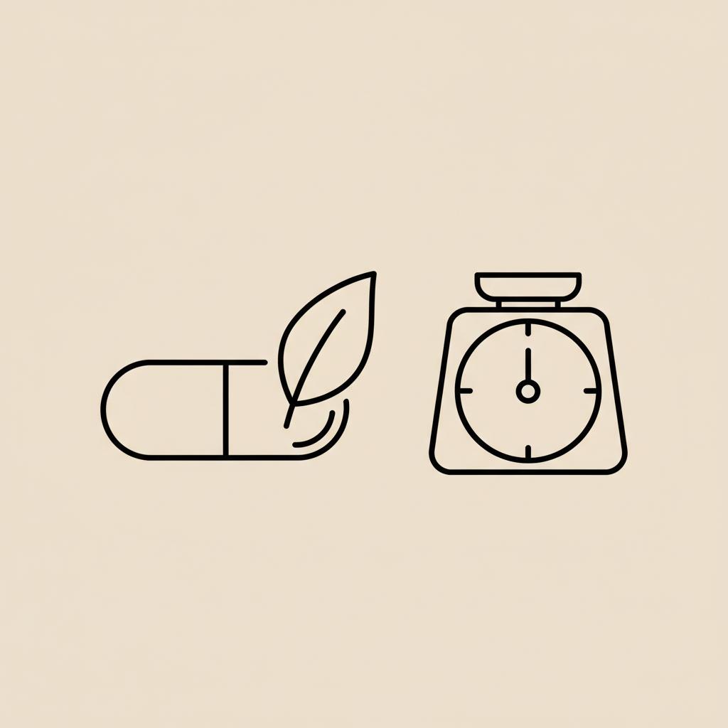 Minimalist line illustration of a capsule, leaf, and simple scale on beige background representing best natural supplement for losing weight