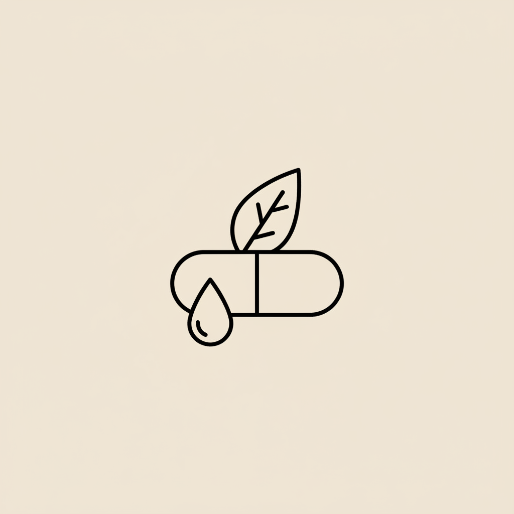 Minimal Tonum-style line illustration of a capsule, leaf, and water droplet on a beige background for ephedra weight loss.