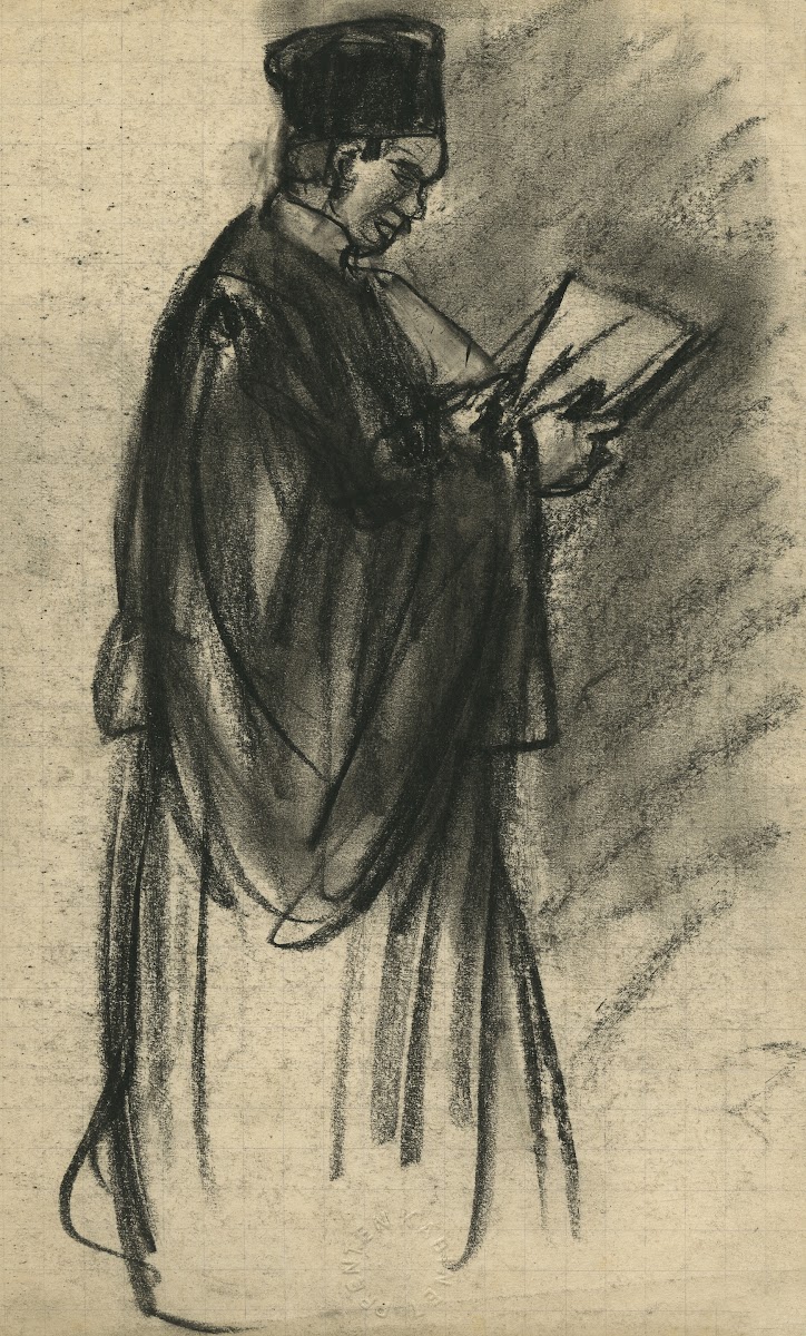 Portret van een staande man in toga profiel In zijn handen papieren die hij lees