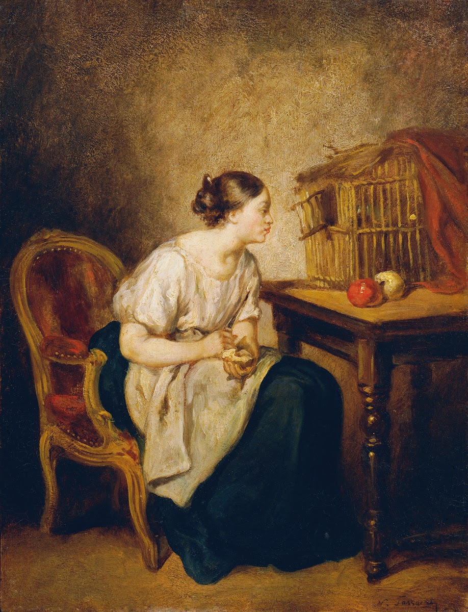 Junge Frau mit Vogelkäfig 1850