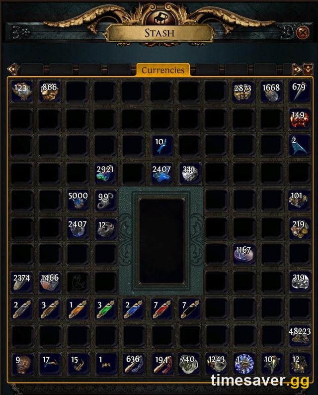 PoE2 Currency Stash tab showing Exalted, Chaos and Divine Orbs — the currency you farm and spend at league start